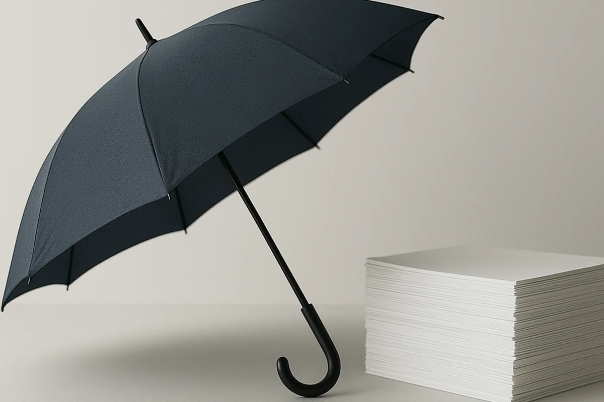 Aufgespannter Regenschirm neben einem Stapel Papiere